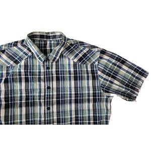 Carbon Mens 2XL* 100% Cotton Western Workwear Short Sleeve Blue Plaid Button EUC